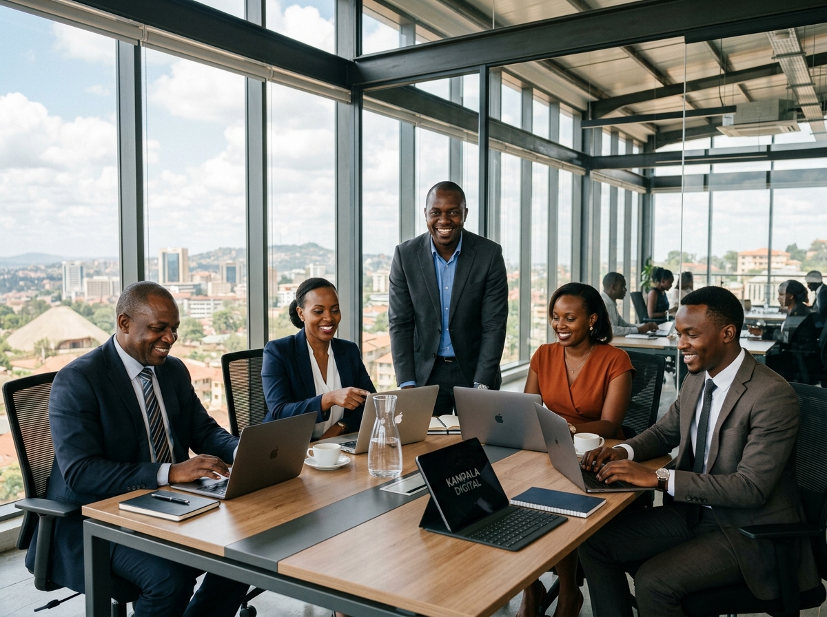 Mobio Technologies executive and development team at Kampala conference table