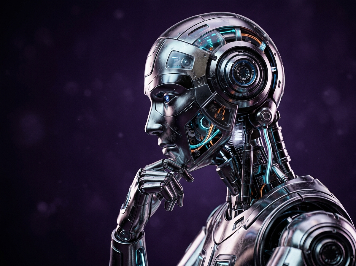 Sleek chrome humanoid AI thinking robot in profile