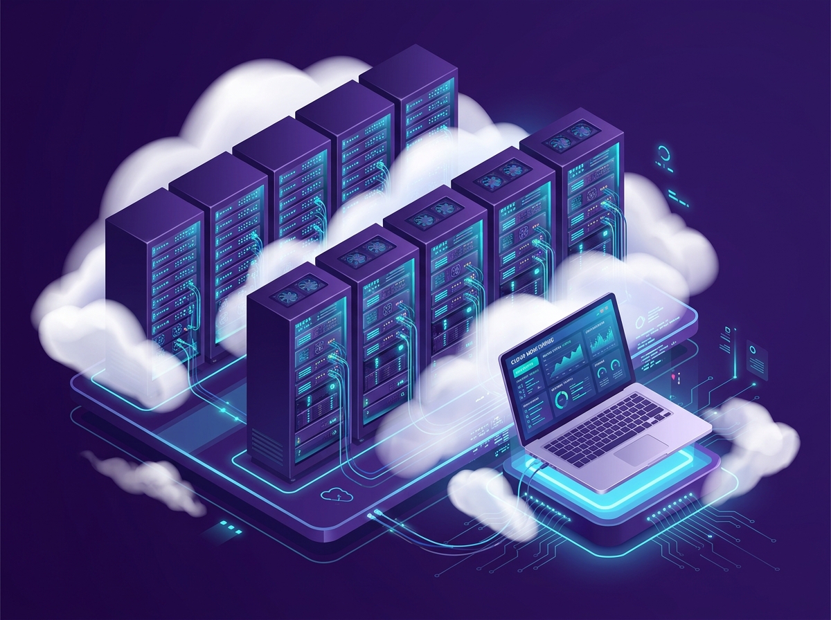 Enterprise datacenter cloud server racks with glowing monitoring interface