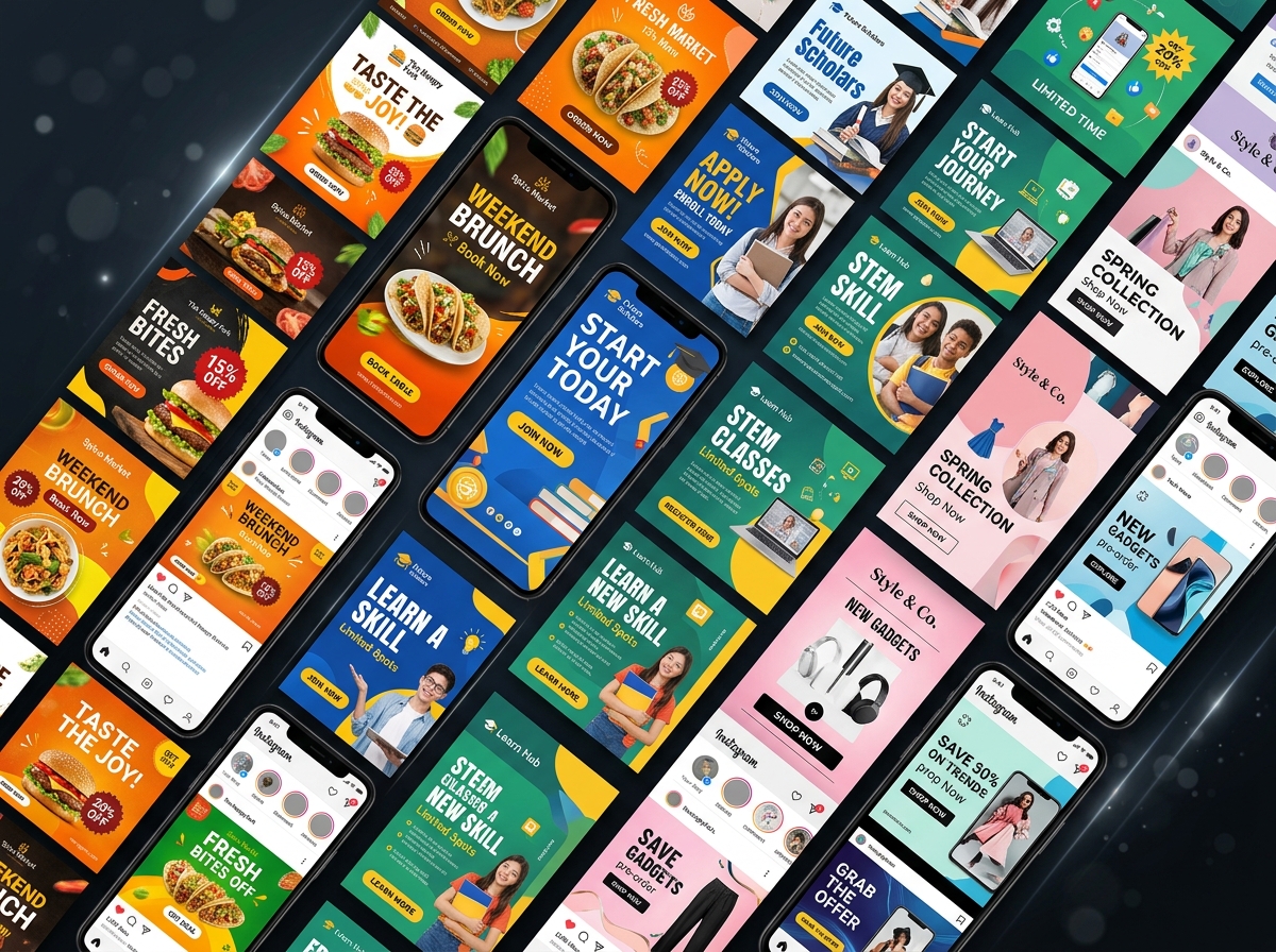 Creative marketing campaign posters and promotional mobile social feeds